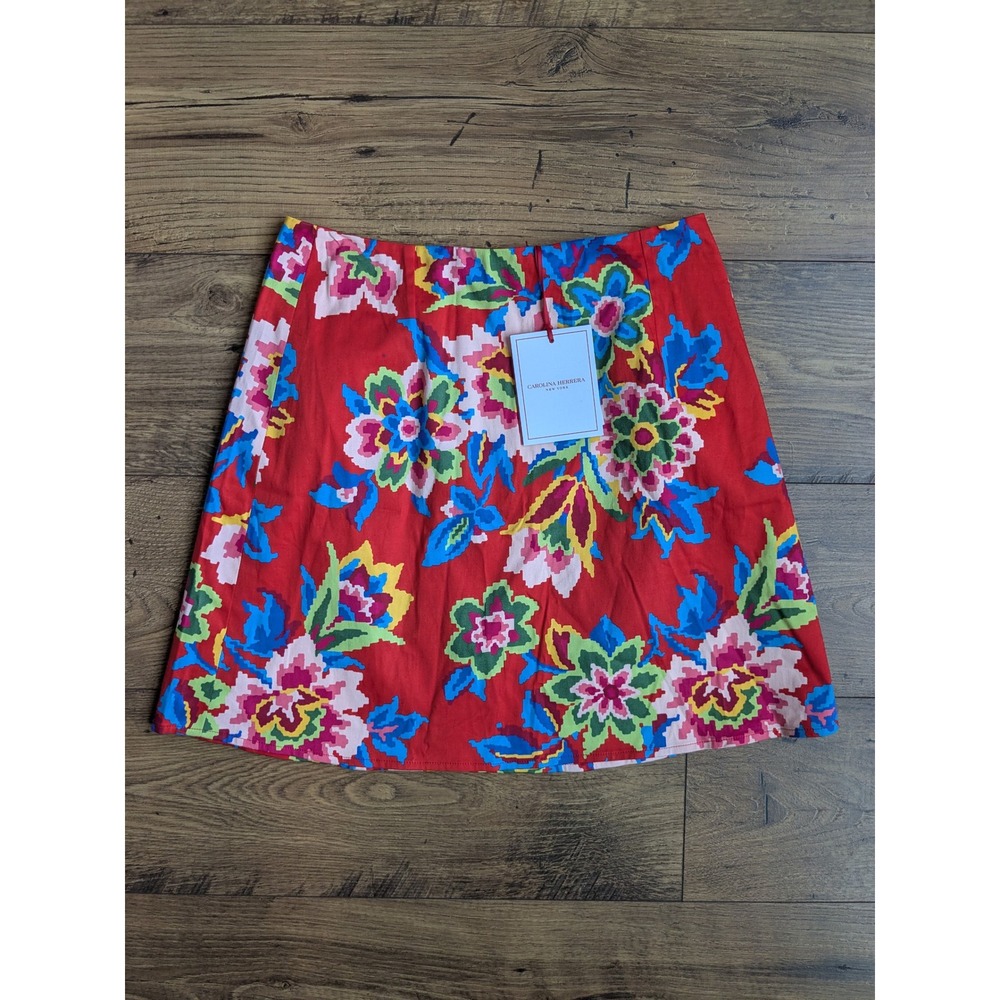 NWT $900 Carolina Herrera Red Floral Mini Skirt Made in Italy Cotton Elastane 6